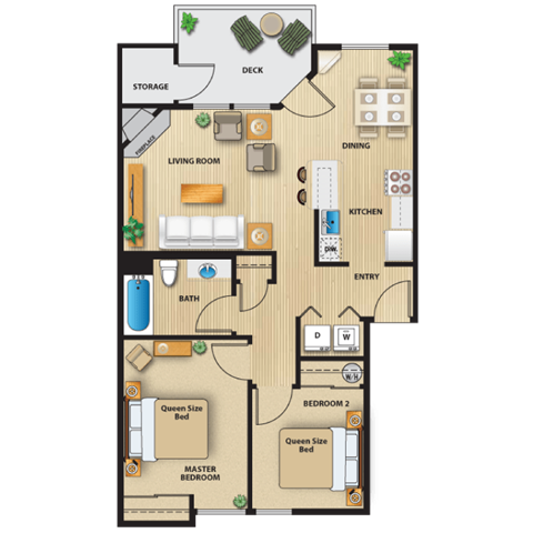 Floor plan for 2 beds, 1 bath, 866 sqft